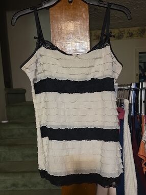 Cato Ivory and Black Lace-Trim Tank
